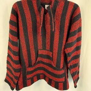 Vintage Baja Hoodie Sweater | Red & Black Striped | Size Large